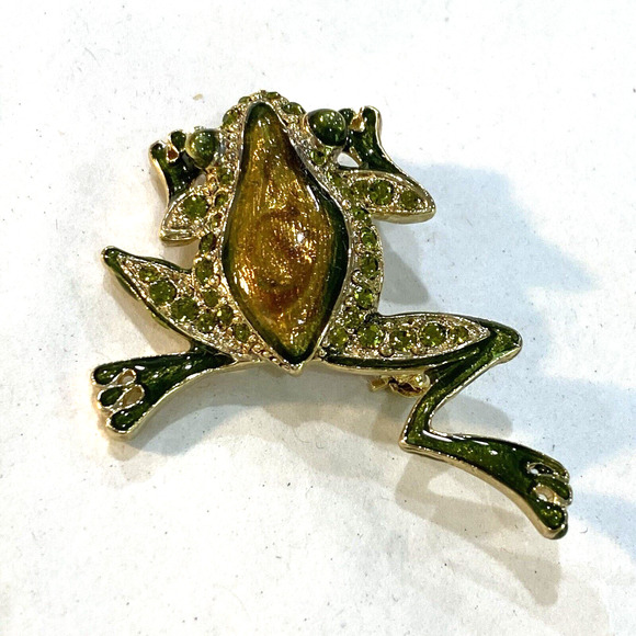 Hopping Frog Brooch Fashion Jewelry Enamel Pin Gold Brown & Green Rhinestones - Picture 9 of 9